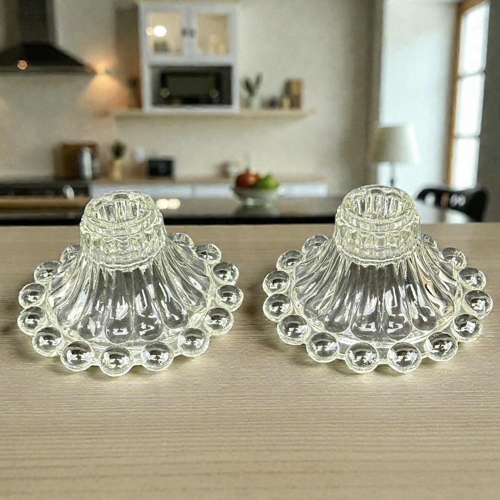 Anchor Hocking Berwick Boopie Clear Glass Beaded Edge‎ 2 Taper Candle Holders